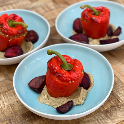 MOROCCAN BUCKWHEAT STUFFED RED PEPPERS WITH ROAST BEETROOT WEDGES AND BABA GANOUSH